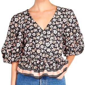 CLUB MONACO Floral Blouse Top L Peplum Puff Short Sleeves Pink Black Cottage